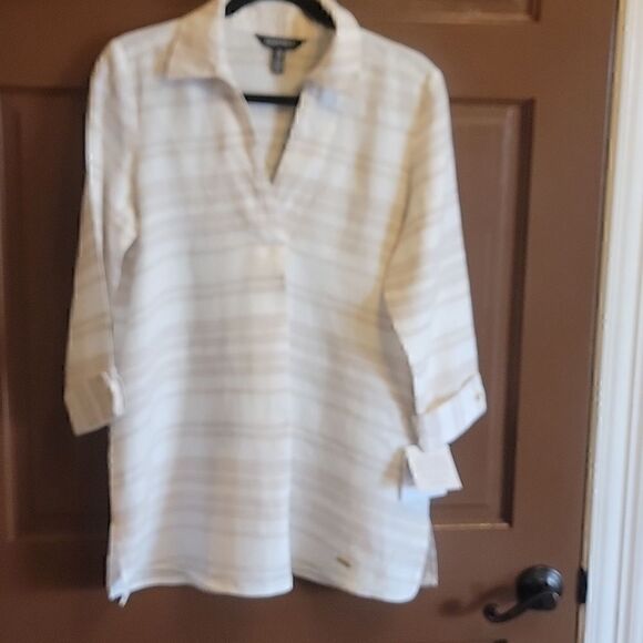 Ellen Tracy-Linen beige/white striped collared top with v-neck. Small. NWT. - Picture 2 of 8